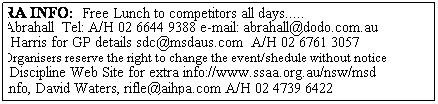 Text Box: EXTRA INFO:  Free Lunch to competitors all days.....
Nick Abrahall  Tel: A/H 02 6644 9388 e-mail: abrahall@dodo.com.au
Jamie Harris for GP details sdc@msdaus.com  A/H 02 6761 3057
Note: Organisers reserve the right to change the event/shedule without notice
NSW Discipline Web Site for extra info://www.ssaa.org.au/nsw/msd
HPR info, David Waters, rifle@aihpa.com A/H 02 4739 6422
